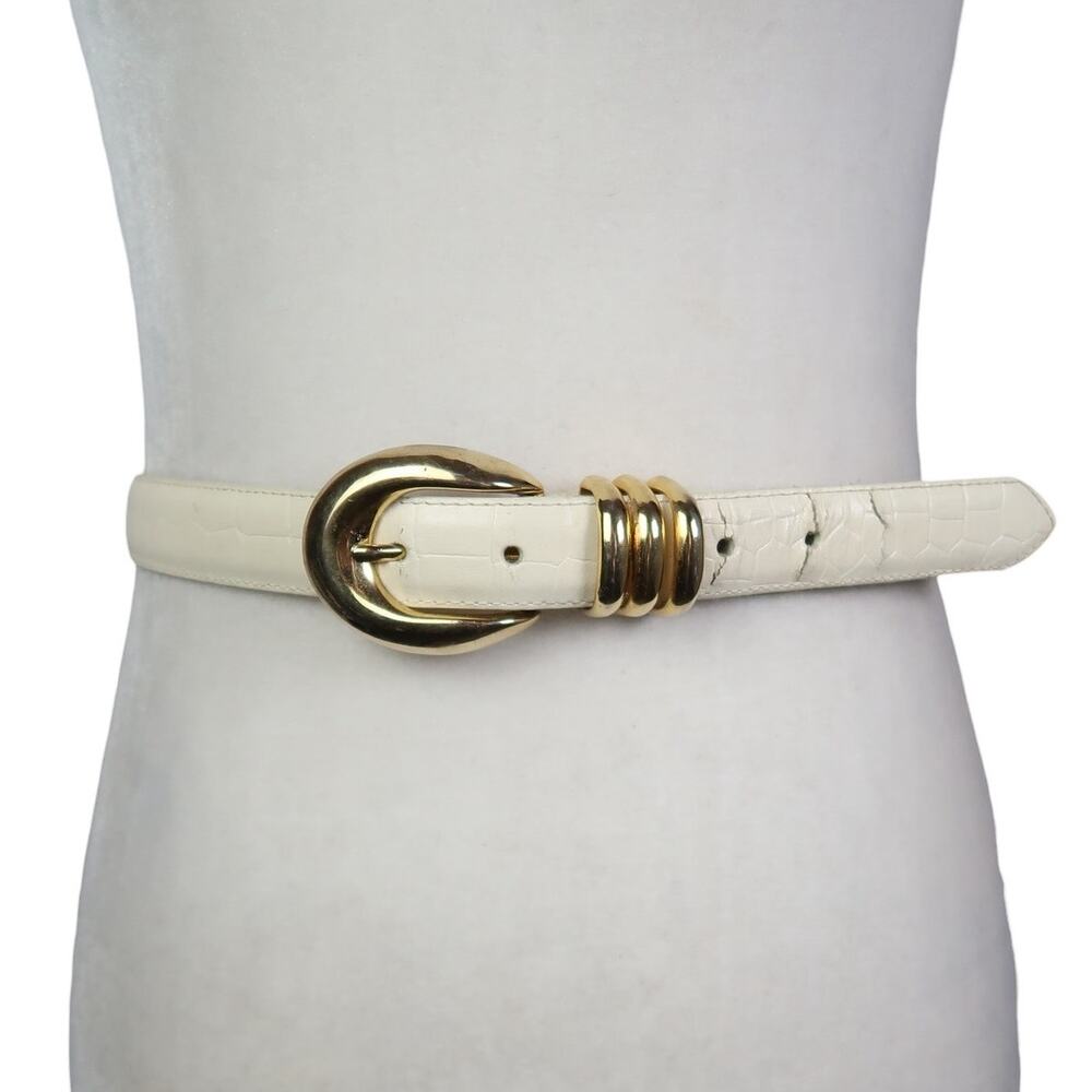 Vintage 90s Cream Leather Croc Embossed Gold Buckle Waist Belt M